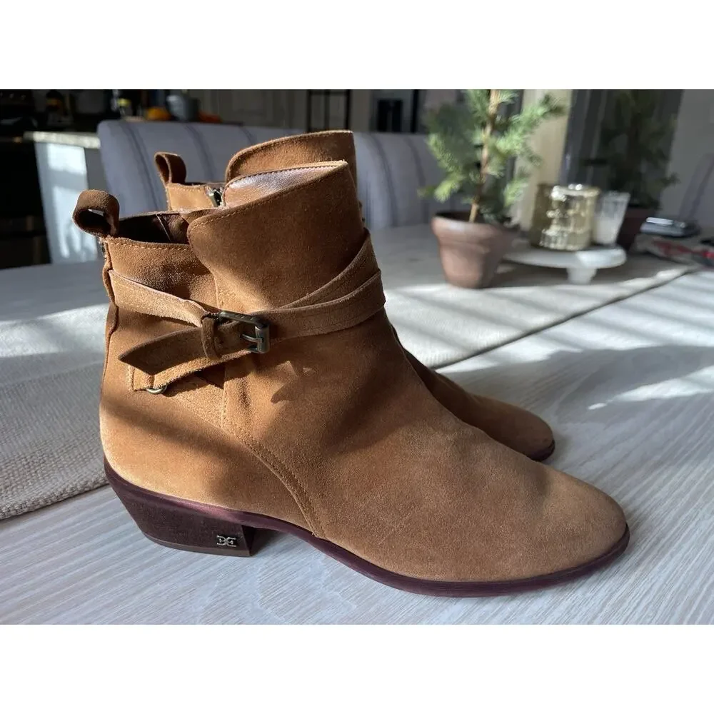 NEW Sam Edelman Polina Suede Heeled Booties Womens Size 10W Brown Leather